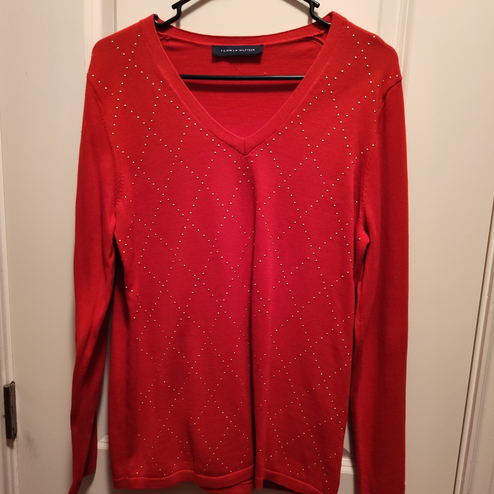 Tommy Hilfiger Red V-Neck Sweater with Studded Accents
